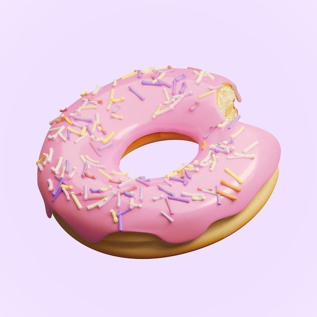 Сладкие розовые пончики с укусом на цветном фоне 3d-рендеринга