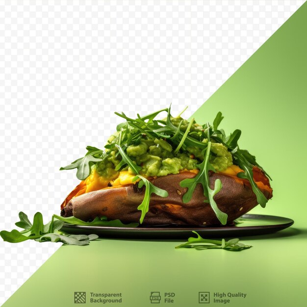 PSD sweet potato with guacamole and arugula on dark surface