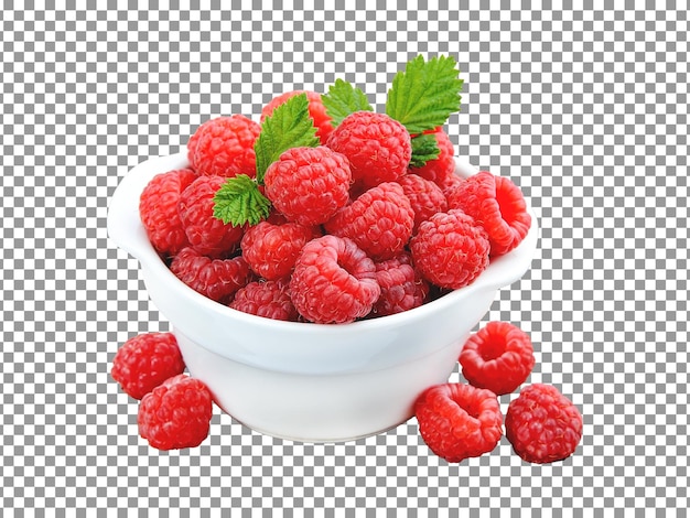 sweet raspberries in white bowl isolated on transparent background