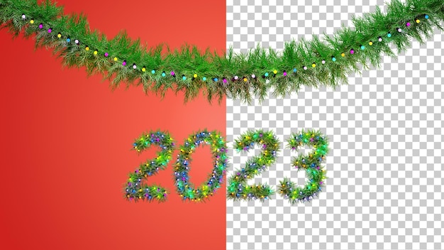 PSD Świąteczna girlanda i numer 2023 gałęzi jodłowych realistyczna gałąź jodły i girlandy z cebulkami