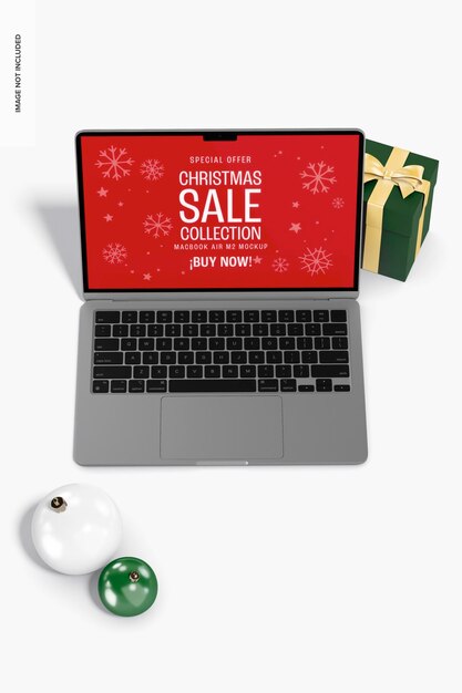Świąteczna wyprzedaż makieta MacBooka Air M2, widok pod dużym kątem