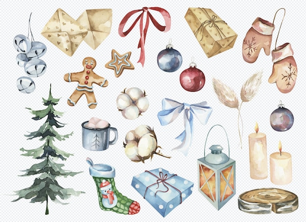 PSD Świąteczne obiekty artystyczne na białym tle zestaw świątecznych symboli świątecznych dzwony list piernik prezent wstążka