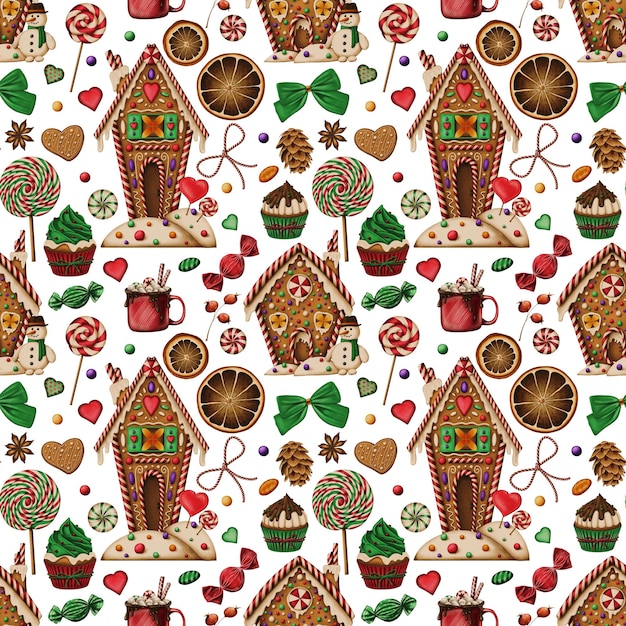PSD Świąteczny akwarel bezszwowy wzór lollipop gingerbread house snowman cupcake festiwalne tło