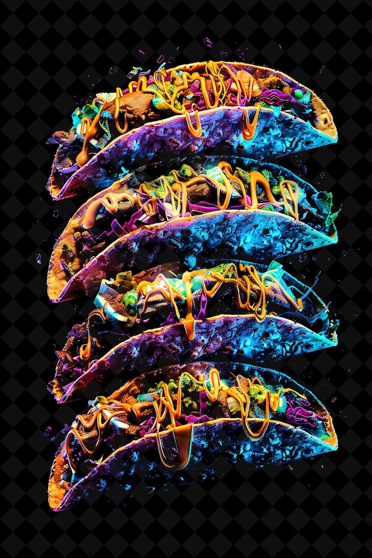 PSD światłowe oświetlone tacos rozrzucone i warstwowe taco ingred neon color food drink y2k collection