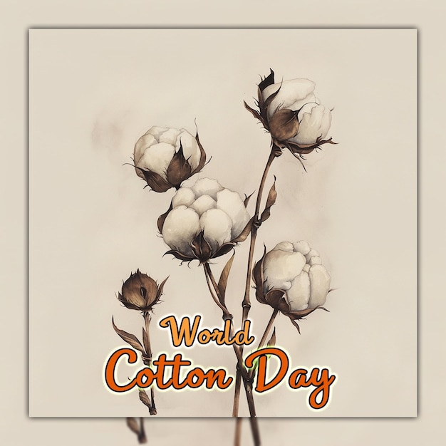 Światowy Dzień Bawełny Rośliny Bawełniane Z Pączkami Kwiaty Bawełny Na Gałęzi Do Projektowania Postów W Mediach Społecznościowych