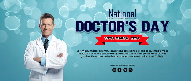 PSD Światowy dzień lekarza w tle lekarz stojący ze skrzyżowanymi ramionami na zdjęciu z boku