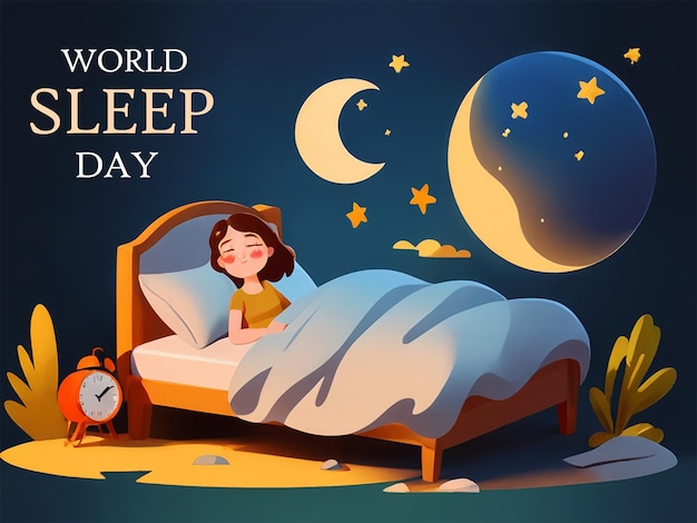 PSD Światowy dzień snu plakat płaska ilustracja kreskówka