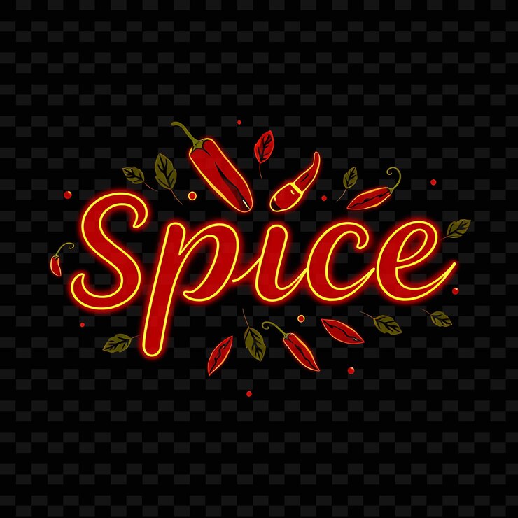 PSD świetliwy tekst z przyprawami w neonowej czerwieni ozdobiony pikantnymi paprykami i ziołami neon yummy typography design