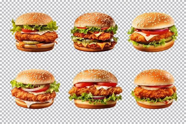 PSD Świeża chrupiąca kolekcja burgerów z kurczakiem wyizolowana na przezroczystym tle