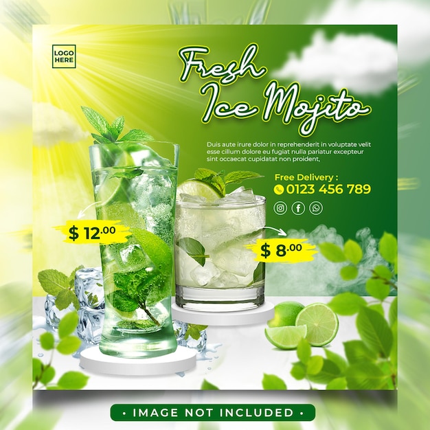 świeża lodowa ulotka mojito i kwadratowy szablon mediów społecznościowych