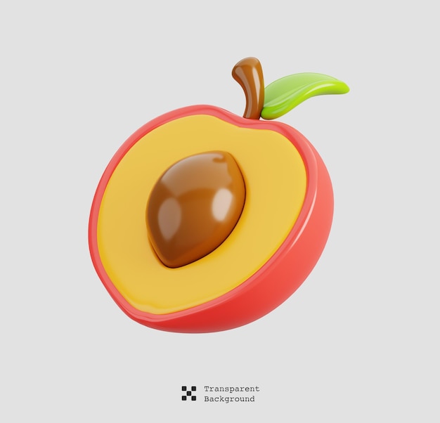 PSD Świeża pół brzoskwinia z zielonymi liśćmi izolowanymi ikona owoców kreskówek ilustracja renderowania 3d