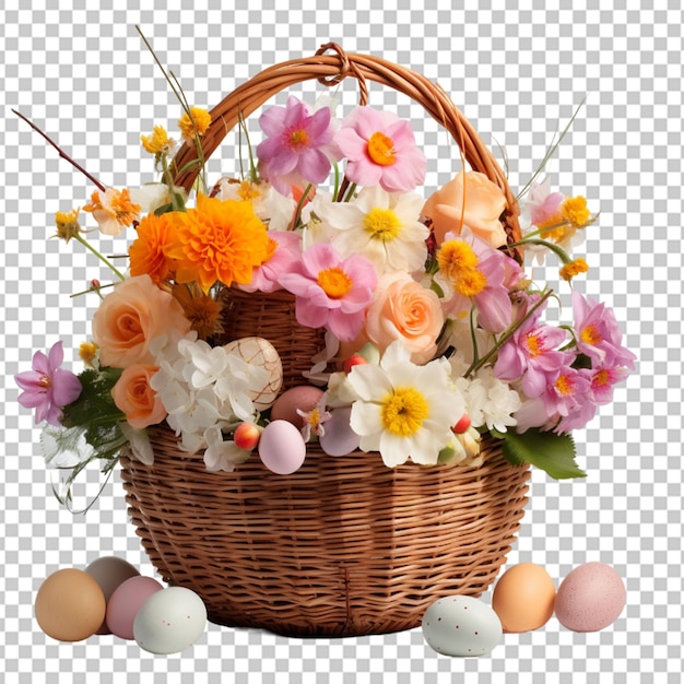 PSD Świeże atrakcyjne kwiaty w koszyku z płotka odizolowane na przezroczystym tle