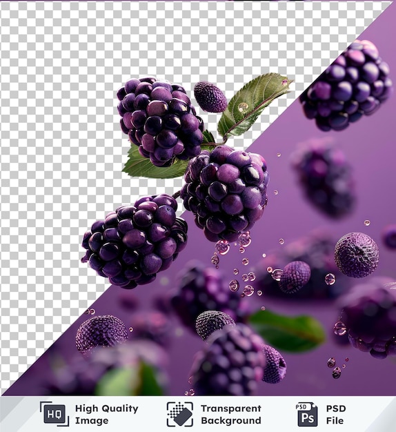 PSD Świeże czarne jagody upadają gromada winogron zielone liście fioletowy tło kwiat