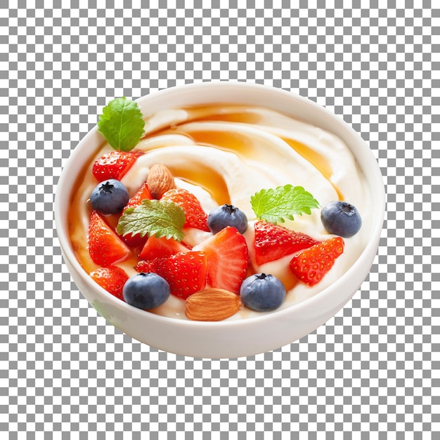 PSD Świeże owoce w misce jogurtowej z karmelem na przezroczystym tle