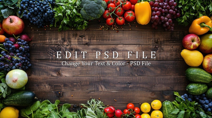 PSD świeże produkty na wiejskim drewnianym tle
