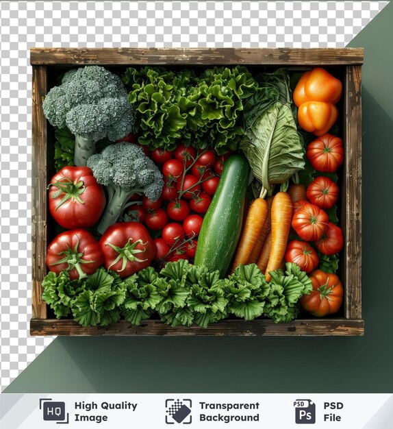 PSD Świeże warzywa w pudełku widok z górą z czerwonymi pomidorami pomarańczowe marchewki i zielone brokuły przeciwko