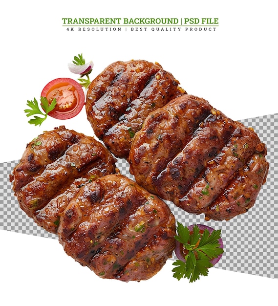 PSD Świeżo grillowane mięso hamburgerów wyizolowane na białym tle