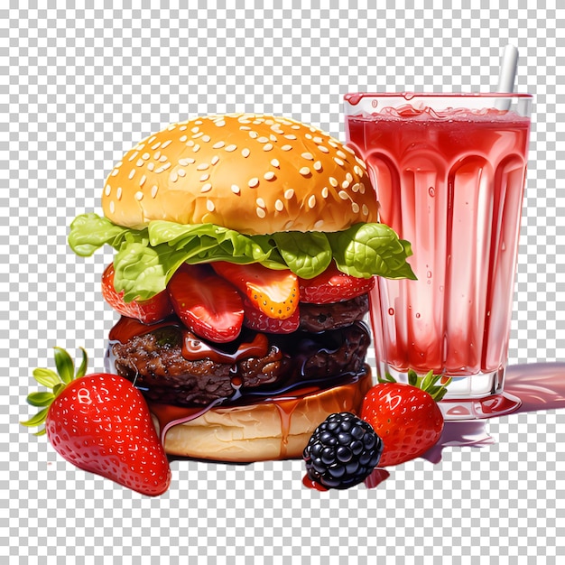 PSD Świeży burger z czerwonym smoothie izolowany na przezroczystym tle