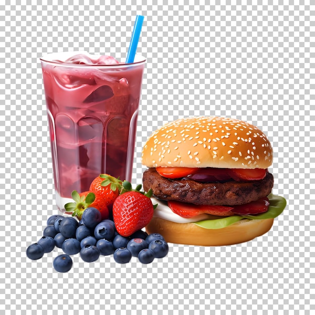 PSD Świeży burger z wołowiną i jagodami, smoothie izolowane na przezroczystym tle