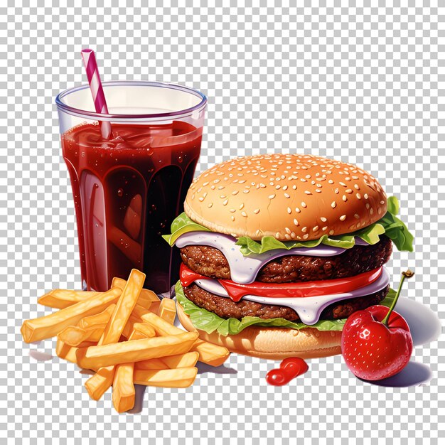PSD Świeży burger z wołowiną i jagodami, smoothie izolowane na przezroczystym tle