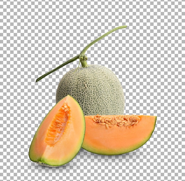Świeży melon kantalupa z kawałkami na białym tle