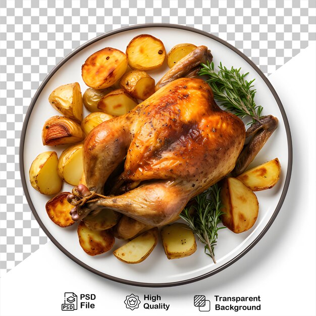 PSD Świeży pieczony kurczak na talerzu izolowany na przezroczystym tle zawiera plik png