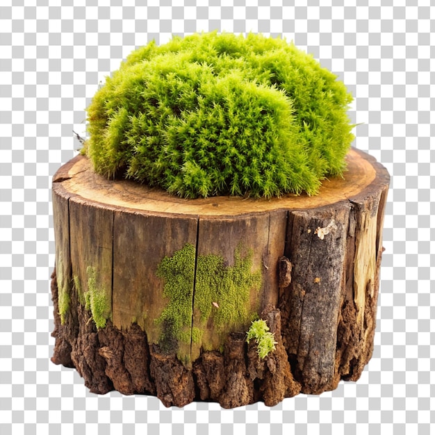 PSD Świeży zielony mch na zgniłym pniu drzewa izolowany na przezroczystym tle