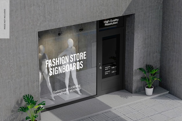 Swimming clothing storefront mockup, perspective