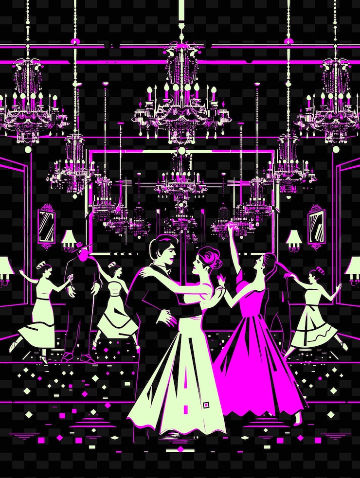 PSD swing dancers performing in a ballroom with chandeliers and illustration music poster designs