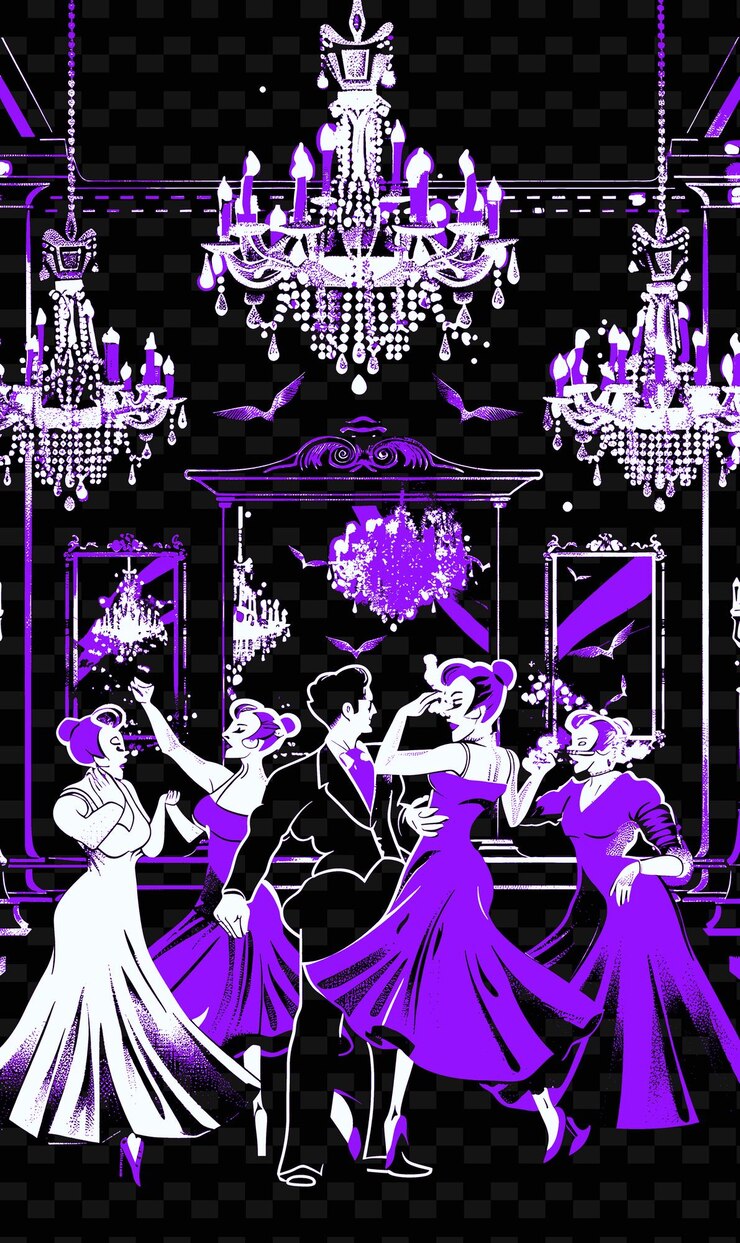 PSD swing dancers performing in a ballroom with chandeliers and illustration music poster designs