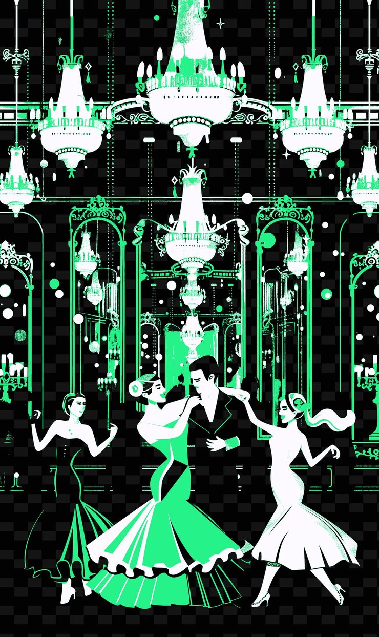 PSD swing dancers performing in a ballroom with chandeliers and illustration music poster designs