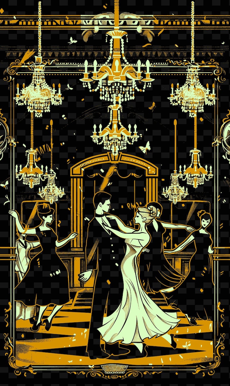 PSD swing dancers performing in a ballroom with chandeliers and illustration music poster designs