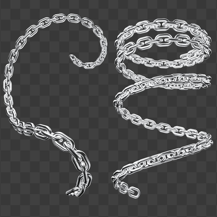 PSD swirl silver chain hanging for product mockups and art projects isolated on transparent background
