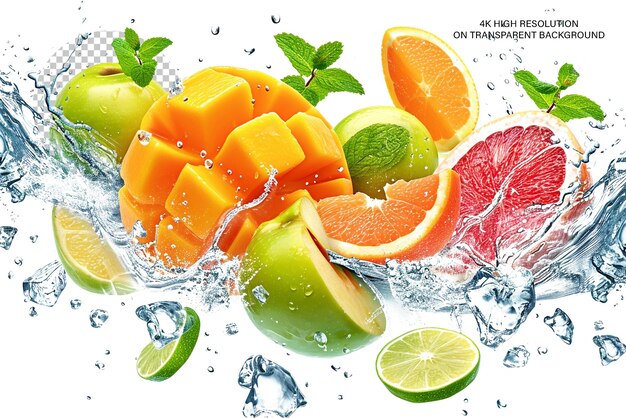 PSD swirling water flow with fruits on transparent background