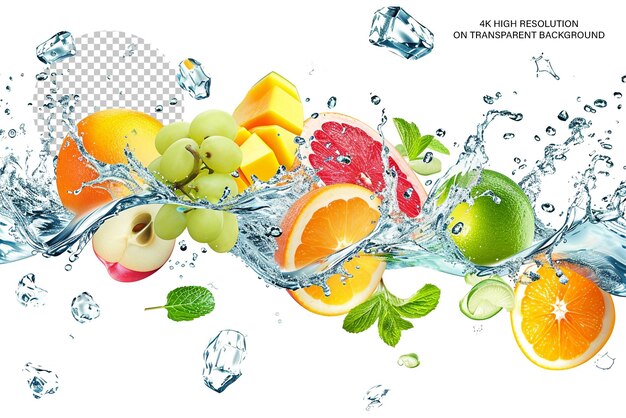 Flusso d'acqua vorticoso con frutta su uno sfondo trasparente