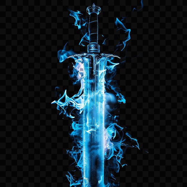 PSD a sword with blue and orange flames on a black background