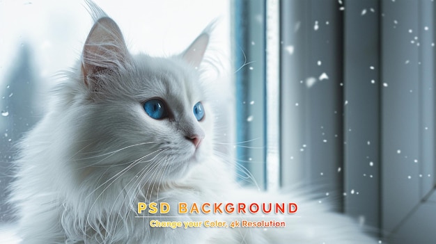 PSD syberyjski kot z niebieskimi oczami leży na parapecie zdjęcie z selektywnym skupieniem i toningiem