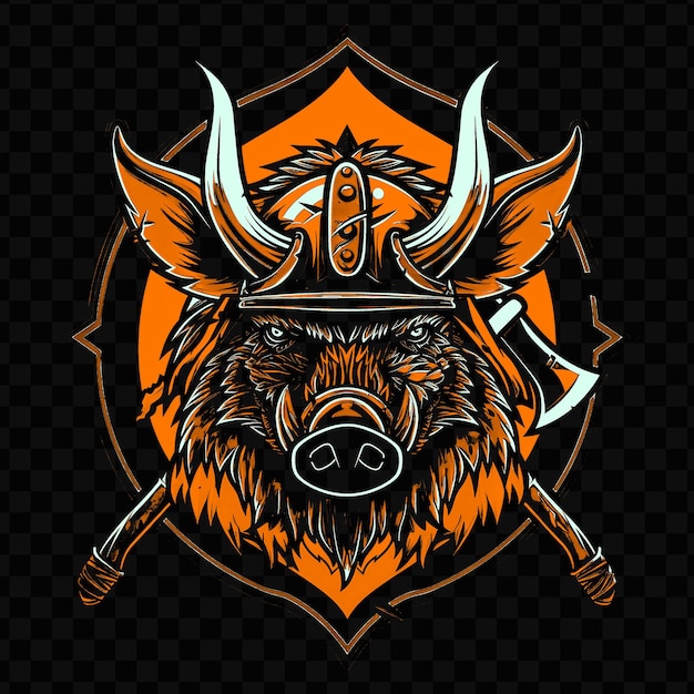 A symbol of a buffalo with a sword and shield on the background