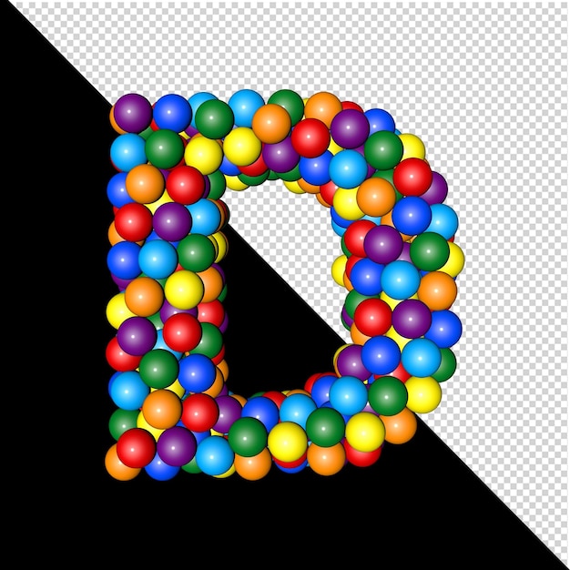 PSD symbol from the collection of letters made of balls of rainbow colors on a transparent background. 3d capital letter d