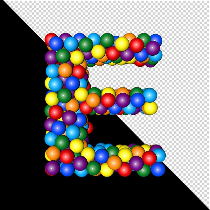 PSD symbol from the collection of letters made of balls of rainbow colors on a transparent background. 3d capital letter e