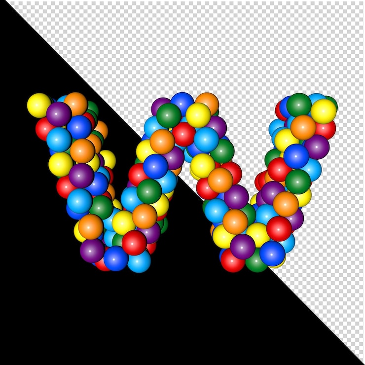 PSD 在透明的背景上用彩虹色的球组成的字母集合中的符号. 3d字母 w