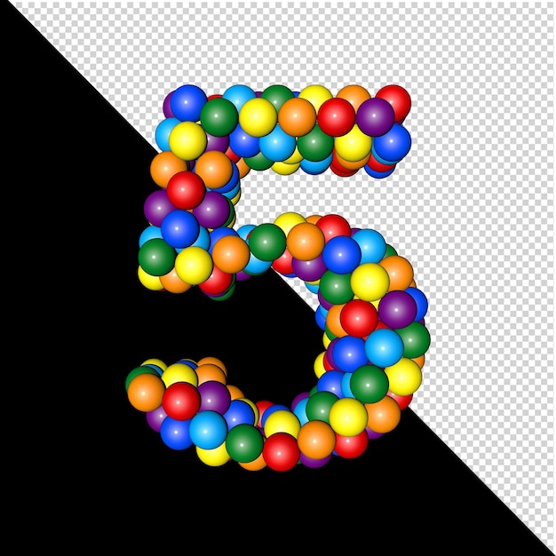 symbol from the collection of letters made of balls of rainbow colors on a transparent background. 3d number 5