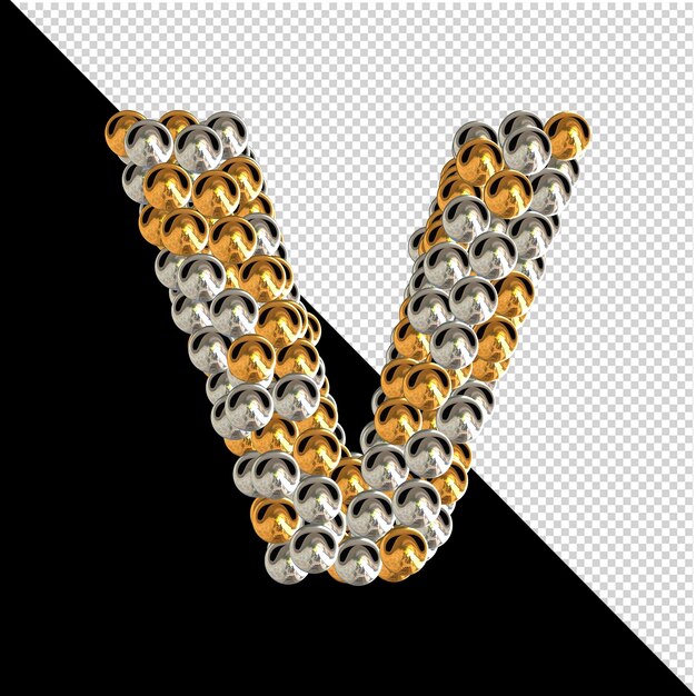 Symbol made of gold and silver spheres on a transparent background. 3d capital letter v