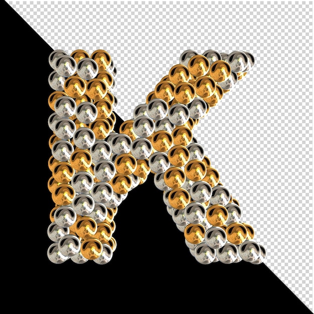 PSD Символ из золотых и серебряных сфер на прозрачном фоне. 3d заглавная буква k