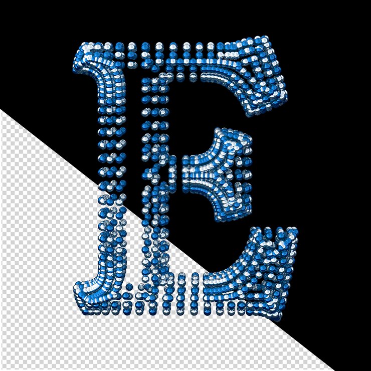 PSD symbol małej srebrnej i niebieskiej kuli 3d litera e