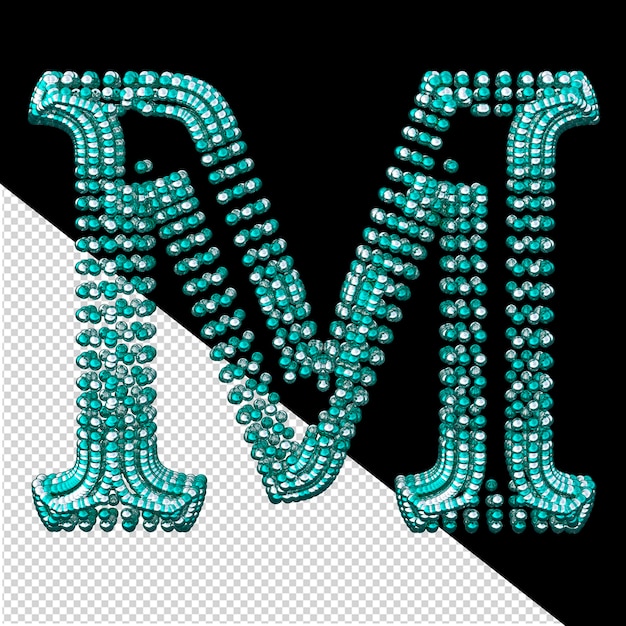 PSD symbol of small silver and turquoise spheres letter m