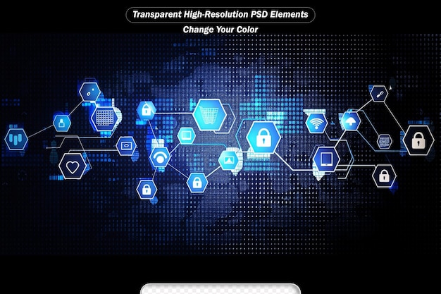 PSD symbol zamka klucza zabezpieczającego wyświetlany cyfrowo na mapie świata i kształt sześciokątny na matrycy