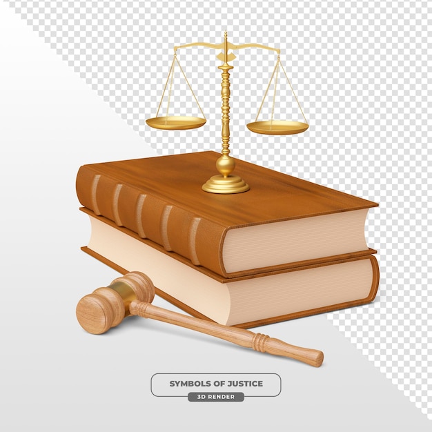 Symbole sprawiedliwości Waga Książki i młot W renderowaniu 3D W renderowaniu 4D z przezroczystym tłem