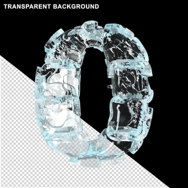 Symbolen gemaakt van ijs op een transparante achtergrond. 3d-nummer 0