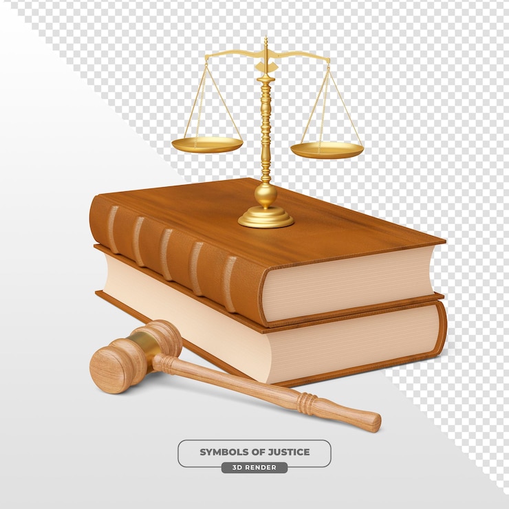 PSD symbols of justice scales books and gavel in 3d render in 3d render with background transparent